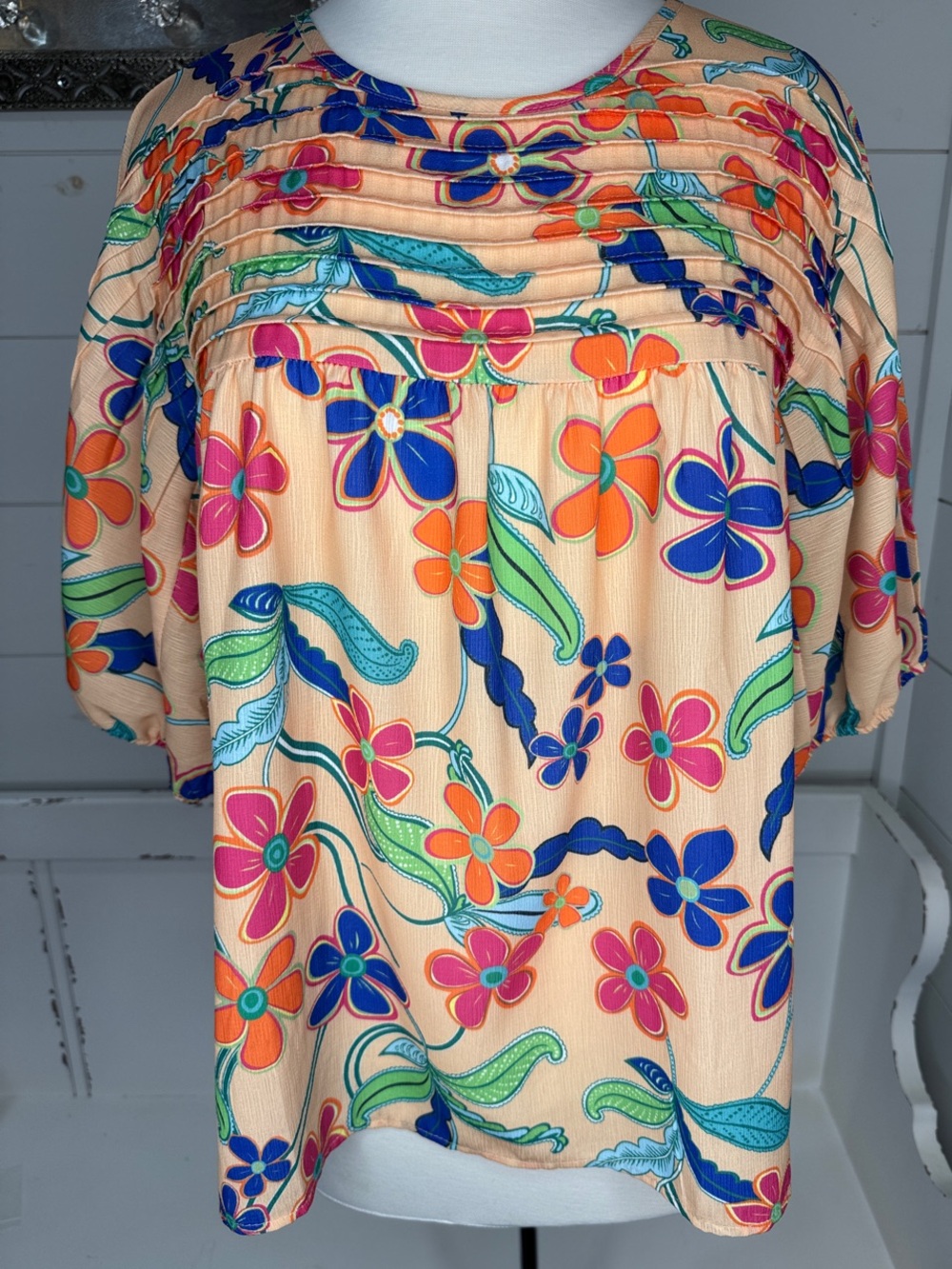 Women's Peach Floral Pintuck Blouse